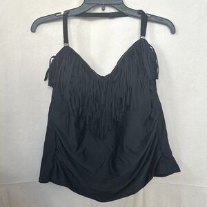 Swimsuits For All Black Fringe Tankini Top Plus Sz 20 Ruched Built-in Bra Beach